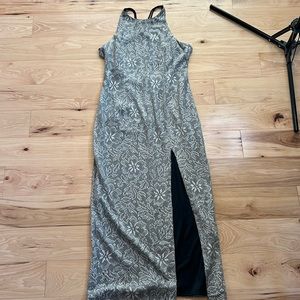 Vintage Scarlet Gold Cream Lace Open Back Full Length Stretch Dress | Size 10